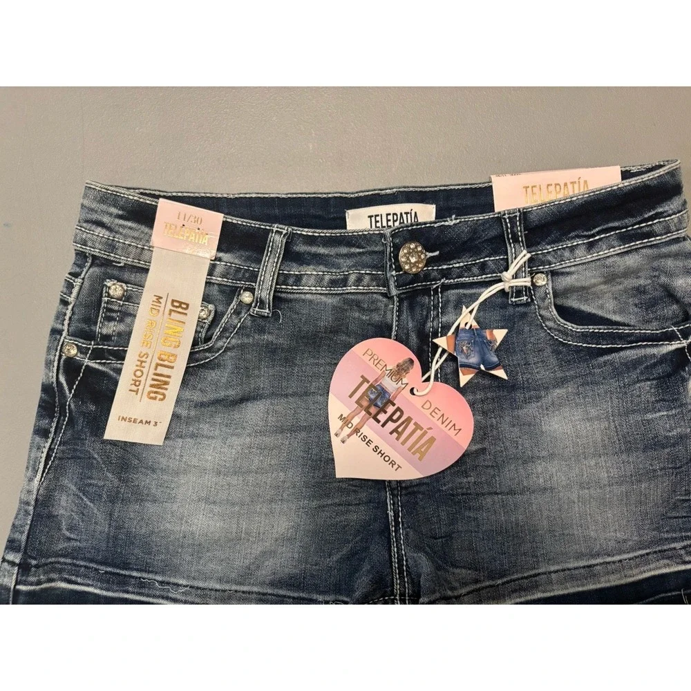 Telepatia Cutoff Jean Shorts Embroidered Bling Women's‎ Sz 11 Raw Hem NWT